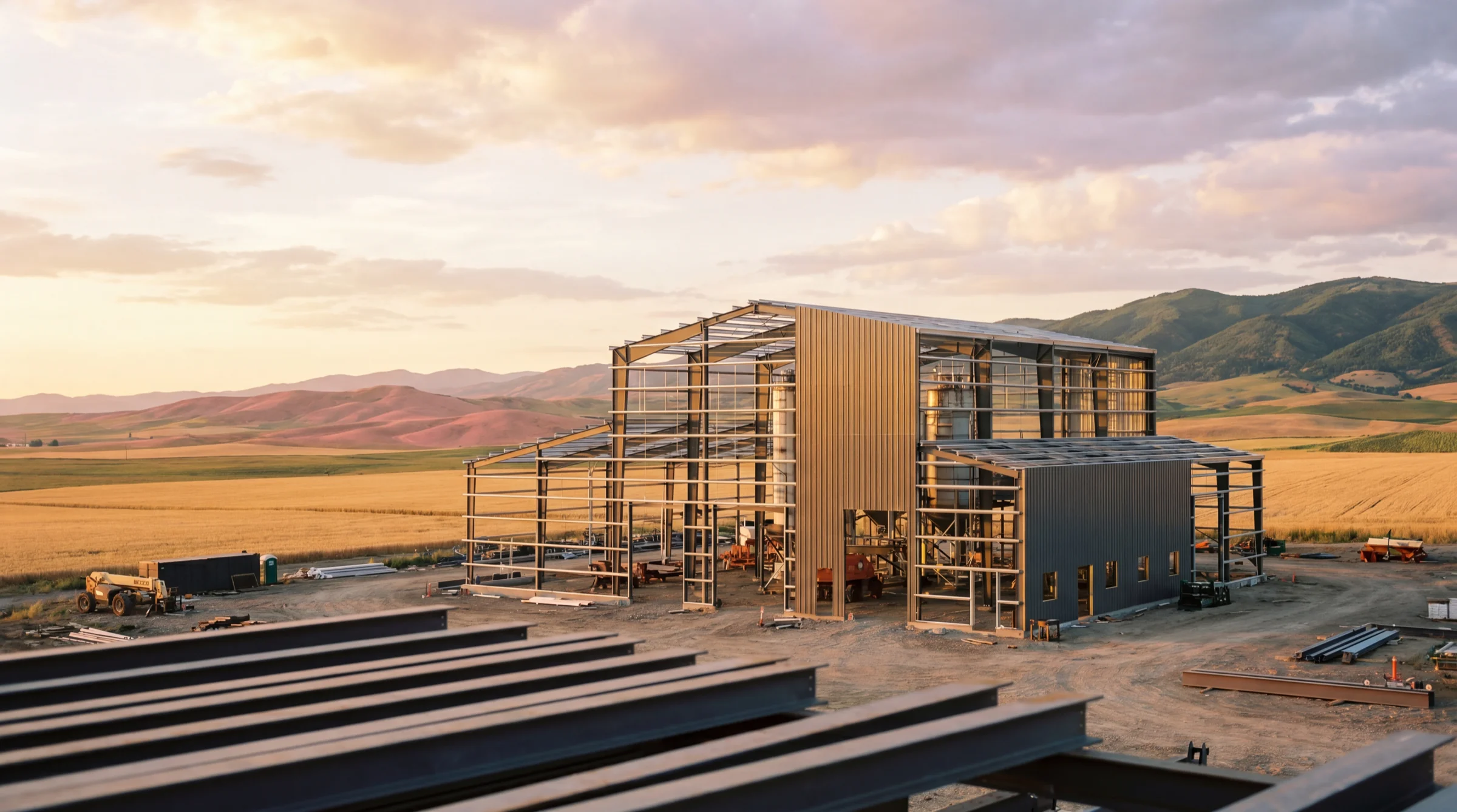 Agro-industrial facility under construction at golden hour